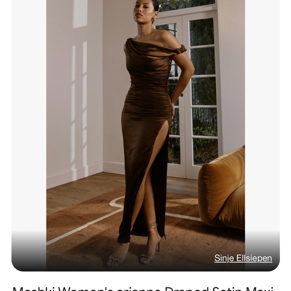 Meshki Brown Satin Draped One-Shoulder Maxi Dress